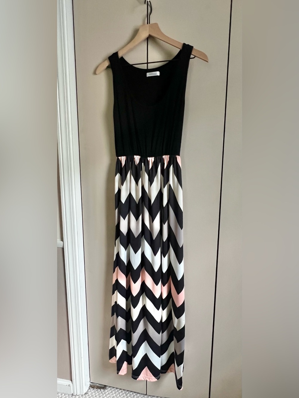 Black Top Chevron Maxi Dress with Pink & White Skirt